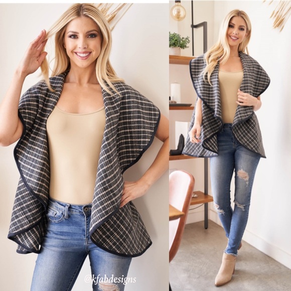 DARK CHARCOAL AND TAN BEAUTIFUL CHECKERED VEST WITH FAUX LEATHER PIPING! - Picture 4 of 9